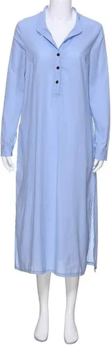Vista 53 de Vestido de manga larga para mujer, casual, de algodón, lino, con botones, maxivestidos tipo caftán, blanco y azul