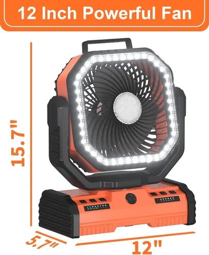 Vista 8 de ADUST Ventilador de campamento de 12 pulgadas, funciona con pilas, con linterna LED, ventilador oscilante portátil recargable de 44000 mAh