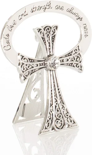 Vista 3 de Crystal Beside Cross - Figura coleccionable de metal de zinc de 3 x 2 en tono plateado