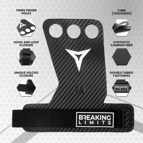Vista 4 de BREAKING LIMITS Crossfit Grips - Puños de gimnasia de 3 agujeros, agarre de mano de carbono, Calleras para Crossfit, agarre de gimnasia para hombres