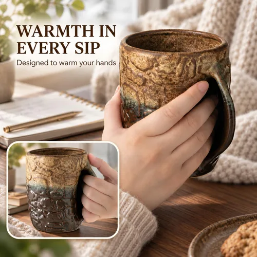 Vista 4 de Taza calentadora de manos de cerámica, tazas de café grandes de 24 Tierra Rústica Ombre