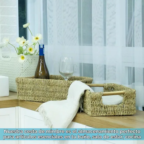 Vista 2 de VATIMA Cestas de hierba marina con asas de madera, juego de 3 cestas decorativas de mimbre natural para cocina junco marino