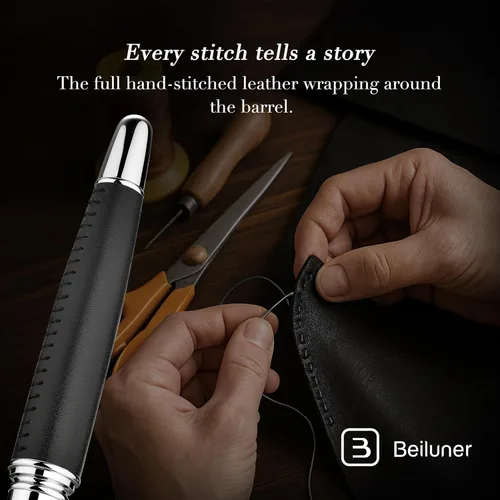Vista 5 de BEILUNER 318 - Bolígrafo de cuero de lujo personalizado, cuero negro premium cosido a mano, acabado cromado, repuesto Schmidt, elegante set