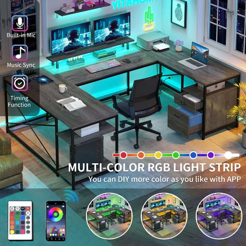 Vista 4 de YITAHOME Escritorio en Forma de U con Tomas de Corriente y Luces LED, Escritorio Reversible en Forma de L de 79" con Cajones, Escritorio de Esquina