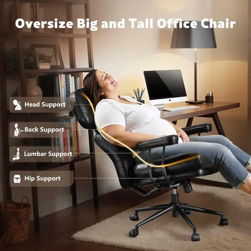 Vista 4 de Silla de oficina ergonómica para grandes y altos, silla ejecutiva moderna de mediados de siglo con soporte lumbar, respaldo alto, cojín grueso, piel