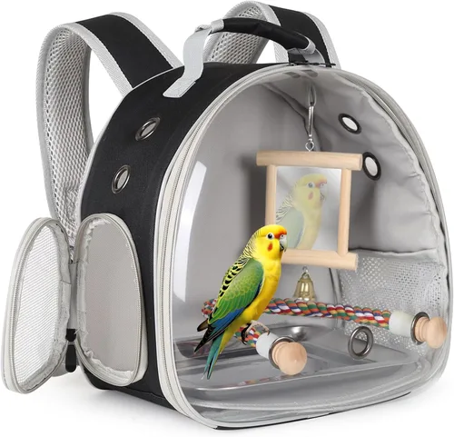 Vista 14 de Jaula portátil de viaje para loros con juguete pequeño oscilante y jaula de juguetes coloridos, bolsa de periquito para pájaros pequeños con bolsa