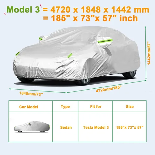 Vista 2 de Funda de Coche a Medida para Tesla Model 3, Protección para Todo Tipo de Clima, Antiarañazos, Impermeable Bloquea Lluvia/Sol/Nieve/Polvo