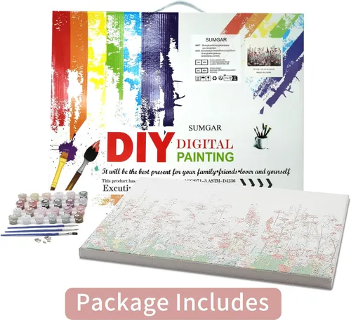 Vista 7 de SUMGAR Kit de pintura enmarcada por números para adultos flores, kit de pintura de lienzo de flores silvestres rosas con marco, pintura acrílica