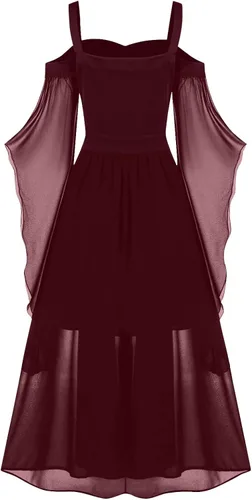 Vista 3 de Vestido gótico renacentista para mujer, disfraz de Halloween, hombros descubiertos, encaje, manga trompeta, vestido medieval steampunk, 07-vino