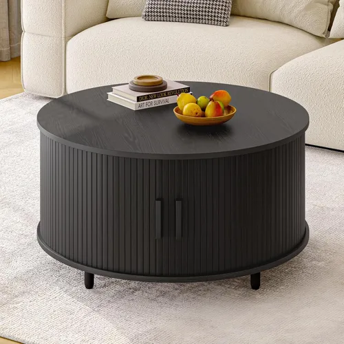 Vista 3 de ONBRILL Mesa Redonda de Café con Almacenamiento, Mesa Moderna de Café de 31.5" con Puerta Deslizante Curvada de 360°, Mesa Redonda de Centro