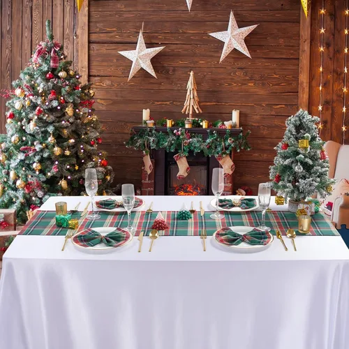 Vista 6 de Camino de mesa a cuadros de Navidad de búfalo, camino de mesa rectangular de cuadros de Navidad para decoración de mesa de cena de fiesta de Navidad