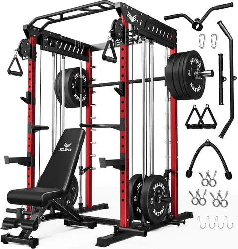 Vista 25 de JELENS M21 - Máquina Smith, jaula de potencia multifunción con sistema de cruce de cable de polea doble, banco de sentadillas todo en uno de 907 kg