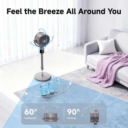 Vista 3 de Ventilador de pedestal oscilante, ventilador de pie ultra silencioso de 25 dB con 8 velocidades, temporizador de 12 horas, circulación de aire