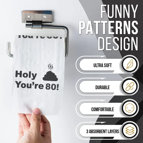 Vista 3 de Papel higiénico para decoración de cumpleaños número 80 para hombres y mujeres, diseño divertido, gran regalo de broma hilarante, ecológico, ultra