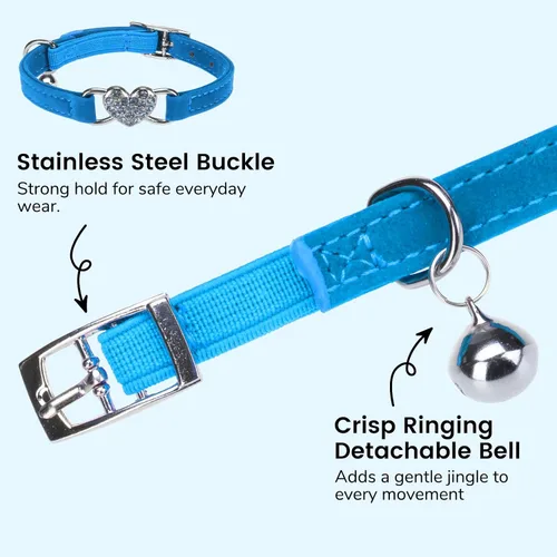 Vista 4 de Collar ajustable de suave terciopelo para gato con encanto de corazón de cristal y campanillas, de Bingpet (BA3009), Adjustable, Azul Azul (corazón)