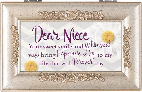 Vista 2 de Cottage Garden Caja de música pequeña con diseño de rosa en relieve en tono plateado con texto en relieve de sobrina Sweet Smile Bring Joy Plays You