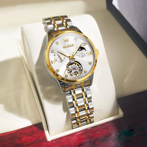 Vista 9 de OLEVS Reloj automático para mujer, de lujo, con cuerda automática, de diamante, de acero inoxidable, de fase lunar, impermeable, esfera azul luminosa