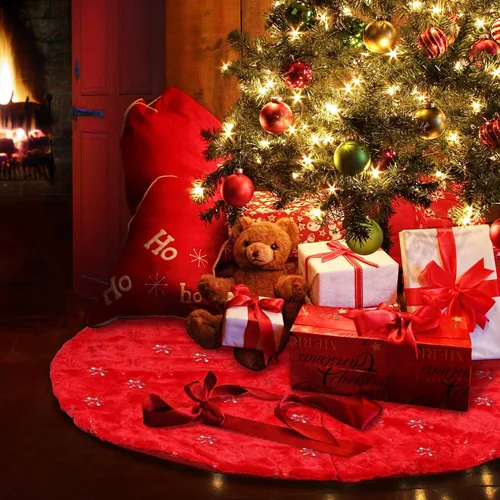 Vista 6 de Falda de Árbol de Navidad - Falda de árbol de 48 pulgadas grande roja con falda de árbol de piel sintética suave de alta gama para decoraciones