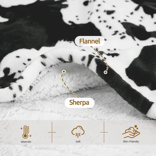 Vista 5 de Manta térmica con estampado de vaca negra de 50 x 60 pulgadas, manta eléctrica con 6 ajustes de calor y temporizador de 1 a 12 horas, sherpa