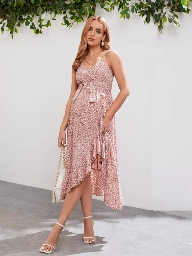 Vista 4 de OYOANGLE Vestido midi bohemio con estampado floral y tirantes delgados, cuello en V, volantes, cintura alta, cinturón, acampanado, para mujer