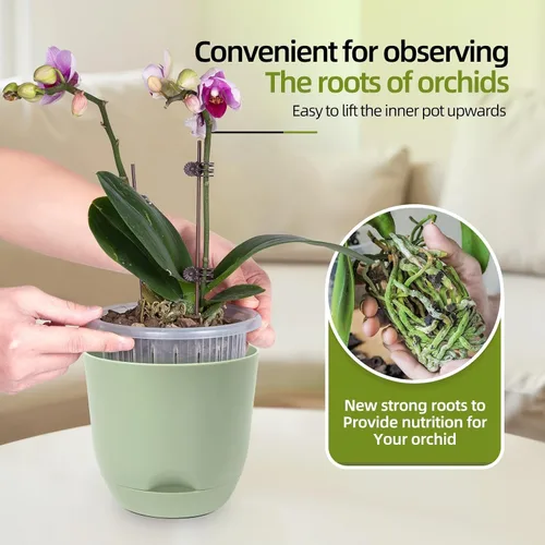 Vista 3 de QCQHDU Macetas de orquídeas de 7.2 pulgadas con agujeros para trasplantar, macetas de plástico de doble capa con riego automático para plantas