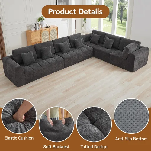 Vista 89 de Sofás seccionales modulares de 110 pulgadas para sala de estar, sofá seccional comprimido sin hueso, sofá de espuma viscoelástica tapizado de 3 Beige