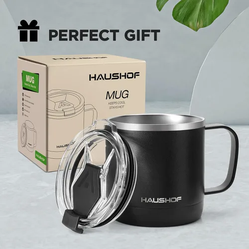 Vista 7 de HAUSHOF Taza de café de 14 onzas, taza de café aislada con asa, taza de viaje para camping, taza de café portátil de acero inoxidable, tazas de café