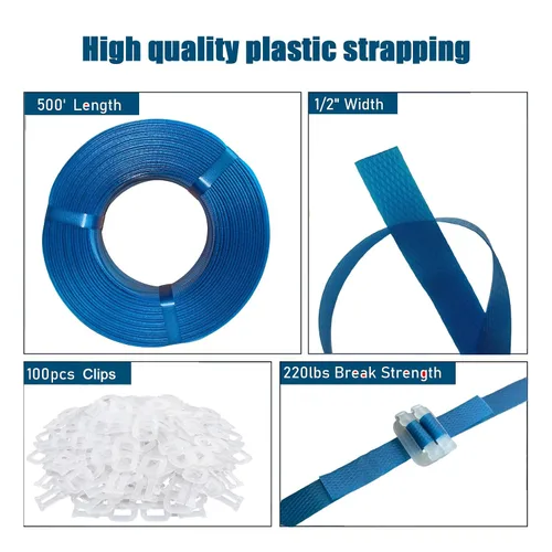 Vista 7 de Kit de flejado de bandas de embalaje de plástico, correas de polipropileno de 1/2 "x 500' y 100 hebillas, azul