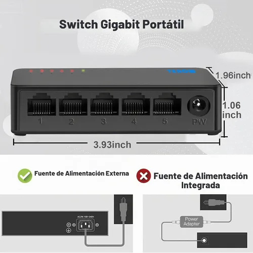 Vista 2 de Interruptor de red Gigabit de 5 puertos, interruptor portátil Plug & Play Carcasa sin ventilador, negro, para el hogar, oficina, interruptores