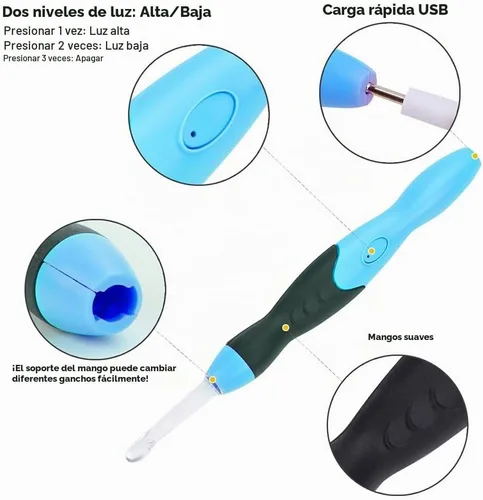 Vista 4 de Vidillo Juego de luces de ganchillo con funda, ganchos ergonómicos recargables iluminados, 9 ganchos intercambiables con una funda de ganchillo