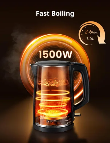 Vista 5 de Hervidor eléctrico y tetera de COMFEE', 1.5L de doble pared, interior de acero inoxidable, tapa y pico, hervido rápido, apagado automático y Negro