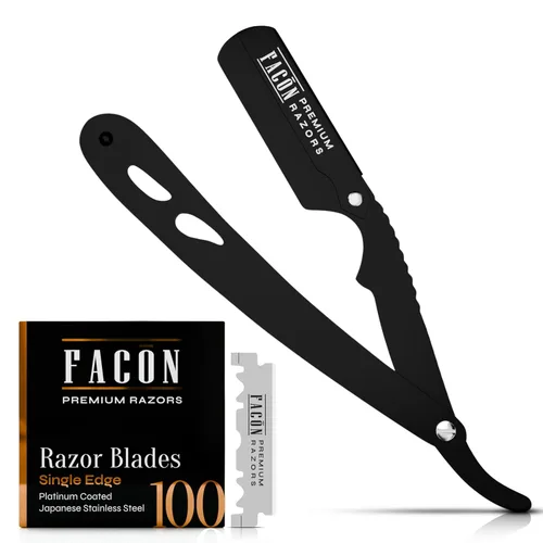 Vista 18 de Facón Navajas rectas para hombres - Kit de navaja de barbero profesional de borde recto con 100 cuchillas, afeitadora clásica de acero inoxidable El