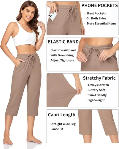Vista 3 de TARSE - Pantalones capri de yoga para mujer, holgados, suaves, con cordón, deportivos, casuales, con bolsillos