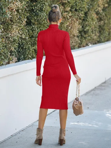 Vista 3 de MEROKEETY - Vestido de manga larga acanalado para mujer, con cuello alto, ajuste entallado, longitud por debajo de la rodilla y tejido