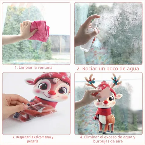 Vista 4 de CCINEE 8 hojas de calcomanías de Navidad para ventana, calcomanías de doble cara para ventana de auto de Navidad, copos de nieve, Papá Noel, renos