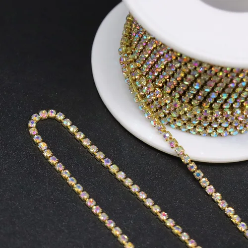 Vista 6 de Jerler 9 metros de adornos de diamantes de imitación con cadena cerrada SS6.5/2.0mm, cadena AB para costura, manualidades, ideal para bodas AB dorado