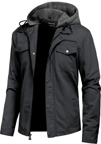 Vista 19 de Pursky Chaqueta de lona de algodón militar casual para hombre con capucha desmontable
