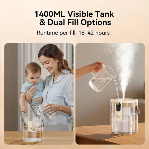 Vista 8 de KIMMOO Humidificador portátil recargable de llenado superior, humidificadores inteligentes para dormitorio, luz nocturna, humidificador de niebla
