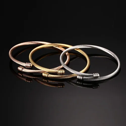 Vista 5 de Brazalete trenzado de acero inoxidable triple 3 con alambre de cable apilable para mujer, ororosaplata, Acero inoxidable