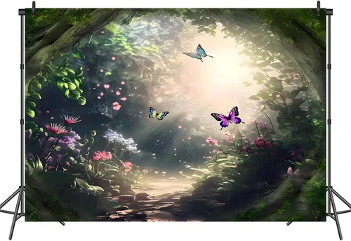 Vista 9 de Telón de fondo de fotos de bosque encantado, tapiz de pared de mariposa, fondo de fotografía de hadas, pancarta temática de fantasía, decoración