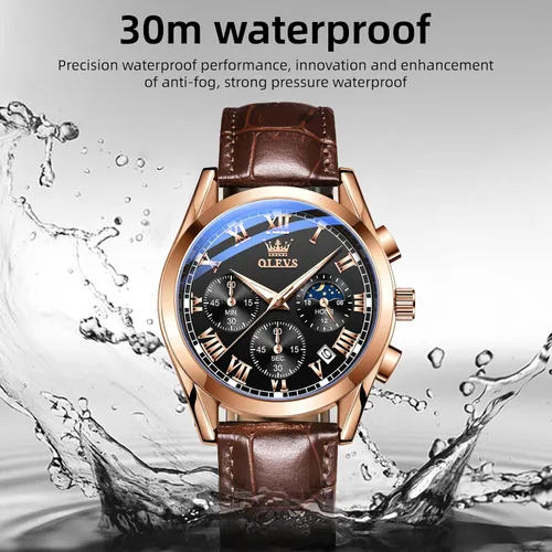 Vista 5 de OLEVS - Reloj de pulsera de cuero para hombre, analógico de cuarzo, cronógrafo de lujo con fecha, impermeable, luminoso - Estilo de vestir