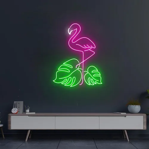 Vista 14 de Letrero de neón con diseño de flamenco y puesta de sol de 16 pulgadas para decoración de pared, flamenco rosa para fiesta, hogar, vacaciones, bar