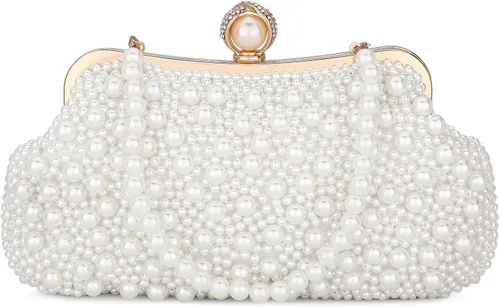 Vista 13 de UBORSE Bolso de mano de perlas para mujer, bolso de noche con cuentas de cristal noble para boda, con cadena de perlas