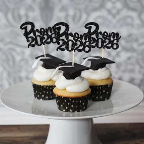 Vista 4 de Gyufise 24 piezas de decoración para cupcakes con purpurina para graduación 2026, decoración de pasteles para graduación 2026, decoración de Negro