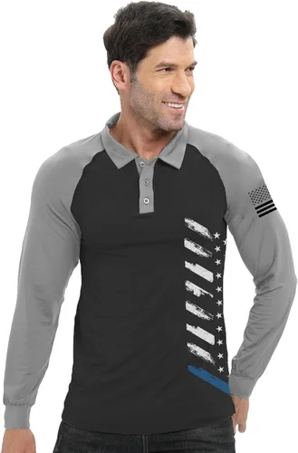 Vista 2 de H HYFOL Polo de manga larga para hombre, diseño gráfico elástico, casual, patriótico, raglán, golf, polos para hombres