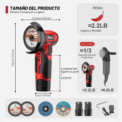 Vista 2 de Amoladora angular inalámbrica de 12 V, mini amoladora angular de 3 pulgadas con motor de cobre puro de 19500 RPM, 2 baterías de 2000 mAh y discos