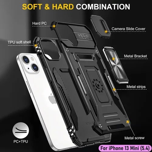 Vista 3 de Funda resistente para Apple iPhone 13 Mini, protección híbrida de goma de doble capa de grado militar con protector de cámara deslizante, soporte
