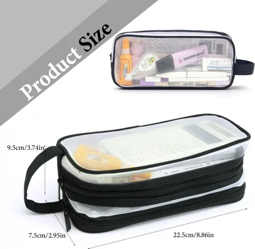 Vista 6 de Estuche grande de malla de malla con 2 compartimentos, bolsa transparente para lápices con cremallera, bolsa de papelería transparente multifunción