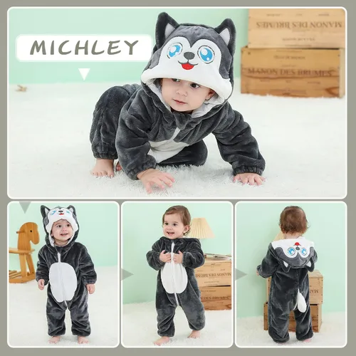 Vista 6 de MICHLEY Mameluco con capucha de animales para bebés de franela para invierno, Halloween y cosplay