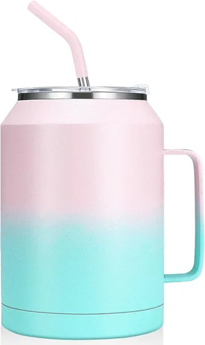 Vista 12 de zenbo - Vaso de acero inoxidable aislado al vacío con asa, tapa y popote, mantiene las bebidas frías hasta 36 horas, cuerpo a prueba de sudor, apto